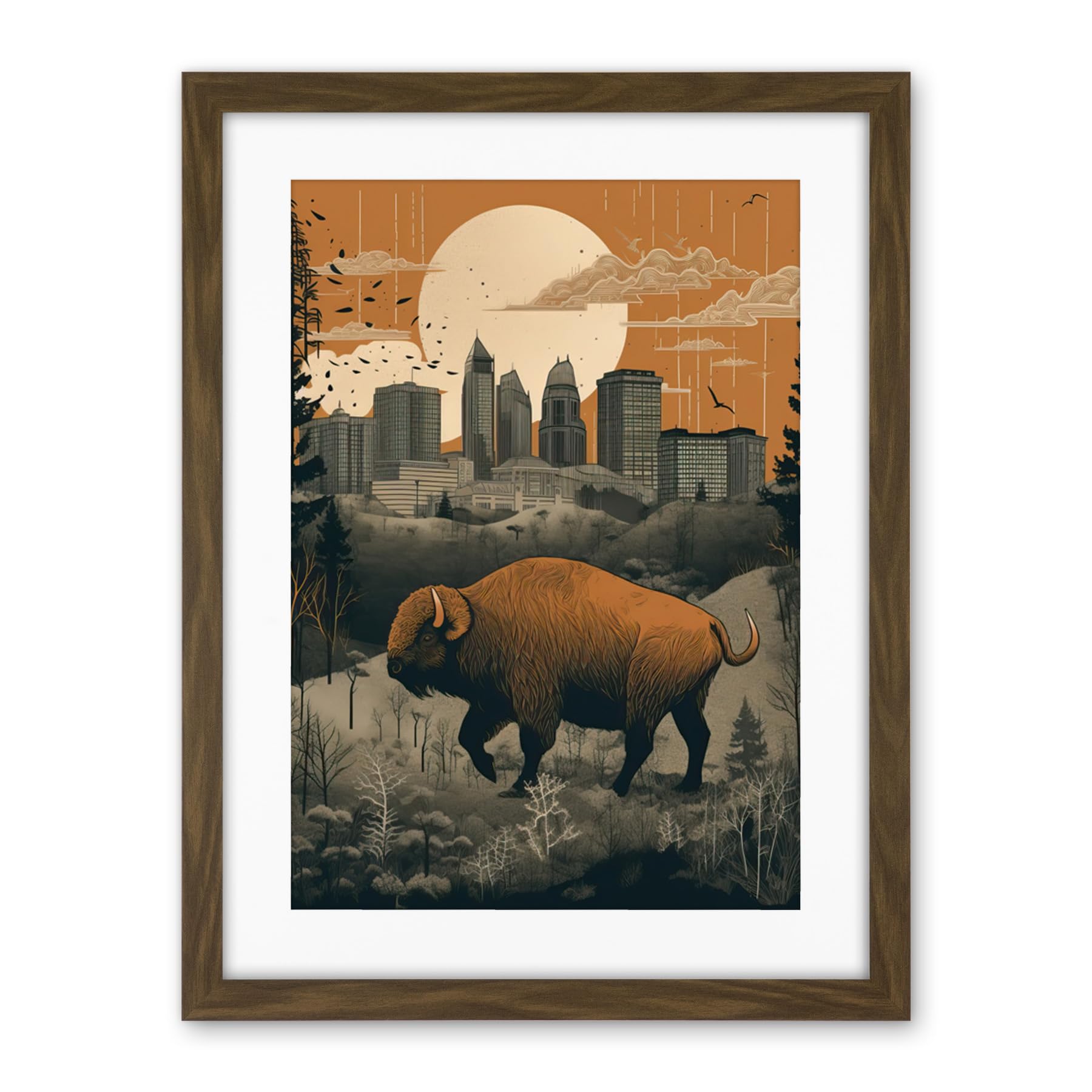 Artery8 Bison in Forest by Urban Cityscape Modern Landscape Artwork Framed Wall Art Print 18X24 Inch