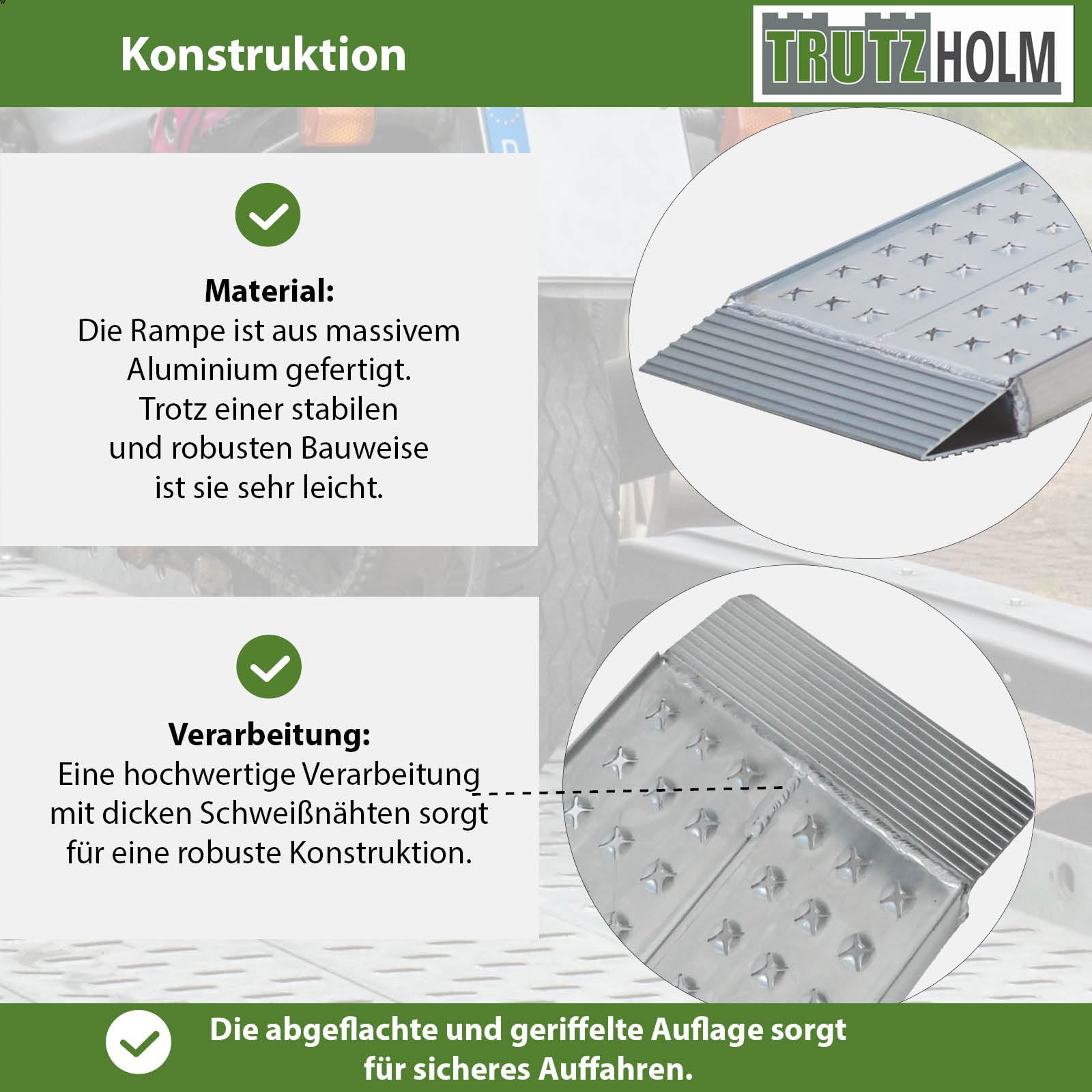 TRUTZHOLM 1x Auffahrrampe Aluminium Traglast 270 kg Länge 200 cm | gelochte rutschfeste Lauffläche Verladerampe Motorradrampe starr Laufflächenbreite 28 cm inkl. Spanngurt