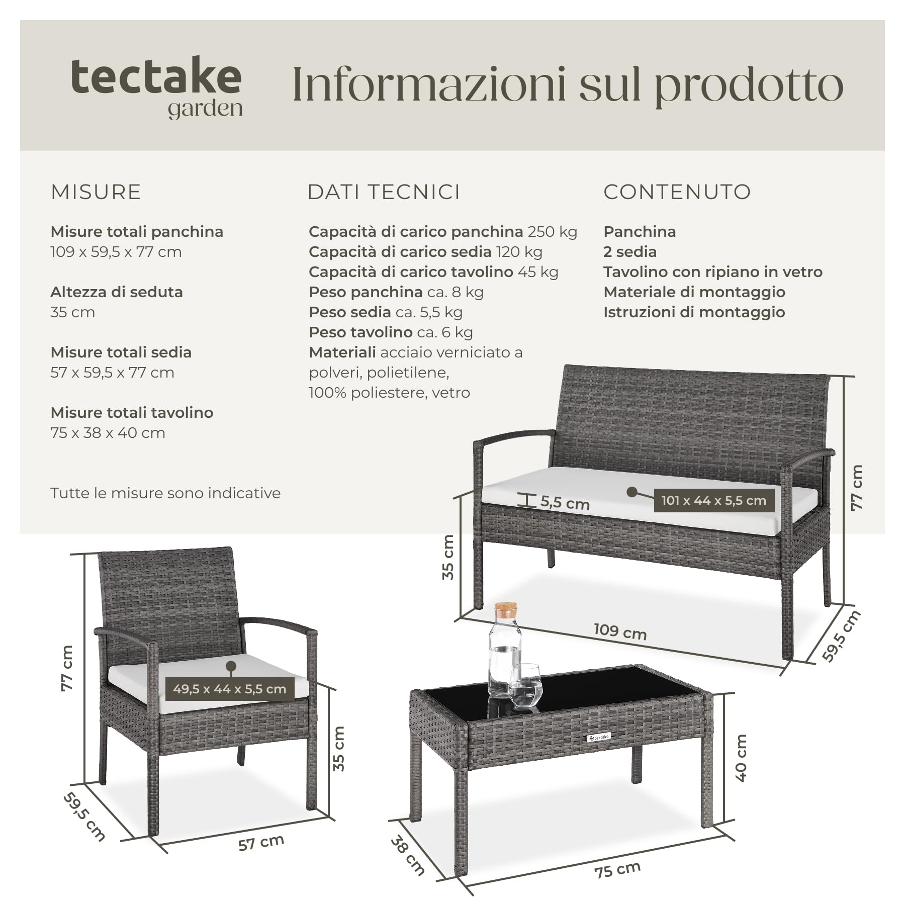 tectake® Set di Mobili in Rattan Sparta, Set Sedie, Panca, Tavolino Salotto con Lastra in Vetro, Comodi Cuscini Idrorepellenti, Ideale per Giardino, Terrazzo, Veranda - Grigio