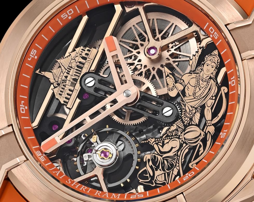 Image of Luxury full Automatic Shree Ram Edition Watch for Men Heavy Open Machine Design with Orange Straps, Shri Ram ji & Hanuman ji Artwork, Ayodhya Mandir Dial | Premium Wrist watch 41mm Bezel [5 Year warranty]