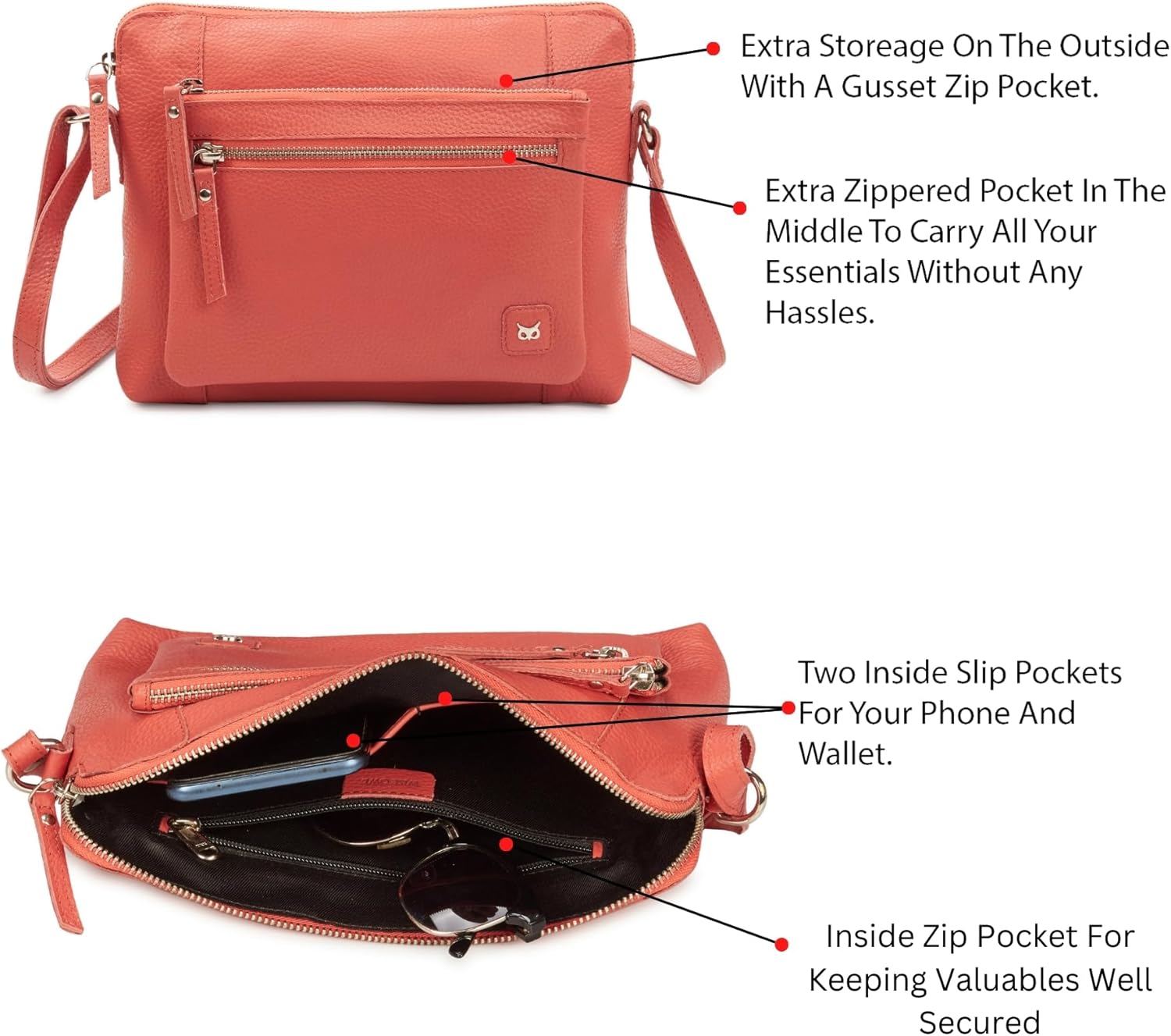 Leather Crossbody Bags for Women Small Soft Genuine Pebbled Sling Shoulder Handbag Crossover Purse with Full Adjustable Strap (Coral Nappa) - Image 4
