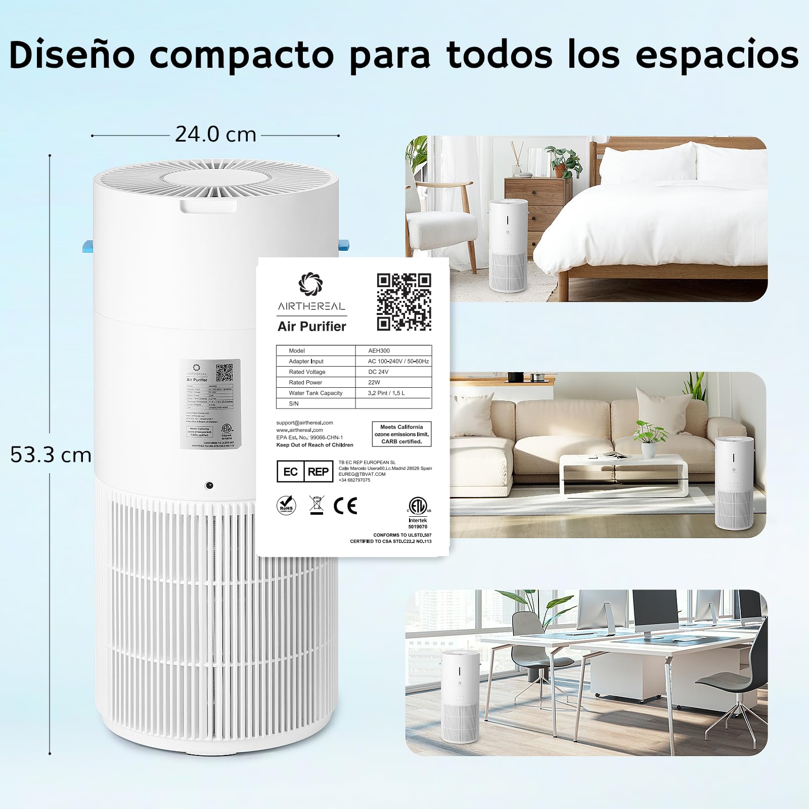 Airthereal Purificador y Humidificador 2 en 1 para 125 m², Filtro 3 Etapas, Monitor de Aire, Modo Sueño Silencioso, Humidificador con Monitor Automático de Humedad, AEH300