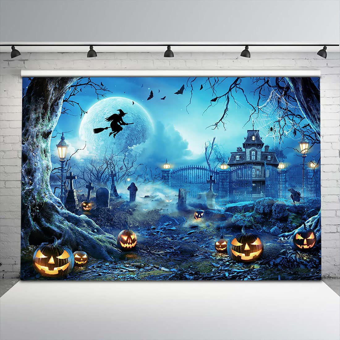 Avezano Tło fotograficzne na Halloween, straszna dynia, cmentarz, pełnia księżyca, nocne tło dla dzieci, magiczna czarownica, czarownica, nagrobek, dekoracja na imprezę, baner, sesja zdjęciowa,