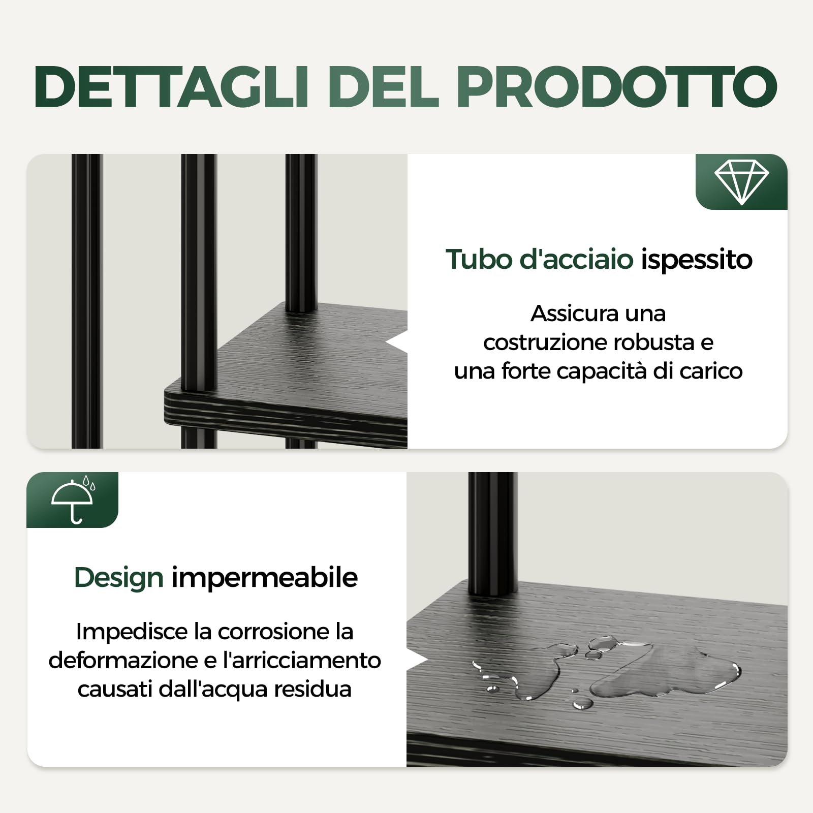 Moderno supporto per piante in metallo a 5 ripiani con ripiani in legno e ruote, ideale per patio, soggiorno, balcone o ufficio, elegante espositore per piante nero