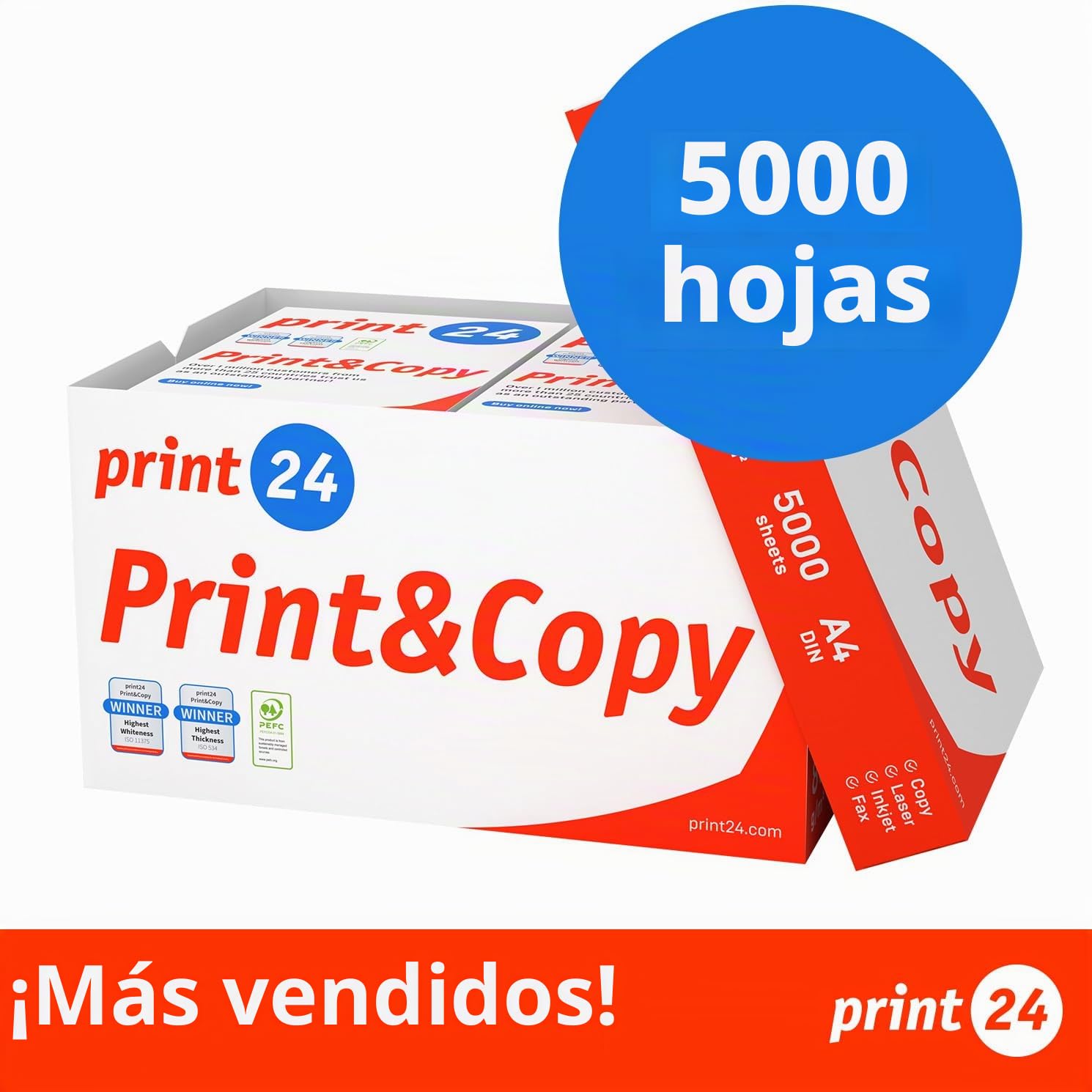 Papel multiusos para impresora, Folios A4, 80g, 5.000 Hojas, 10 Paquetes de 500, Color blanco, PEFC