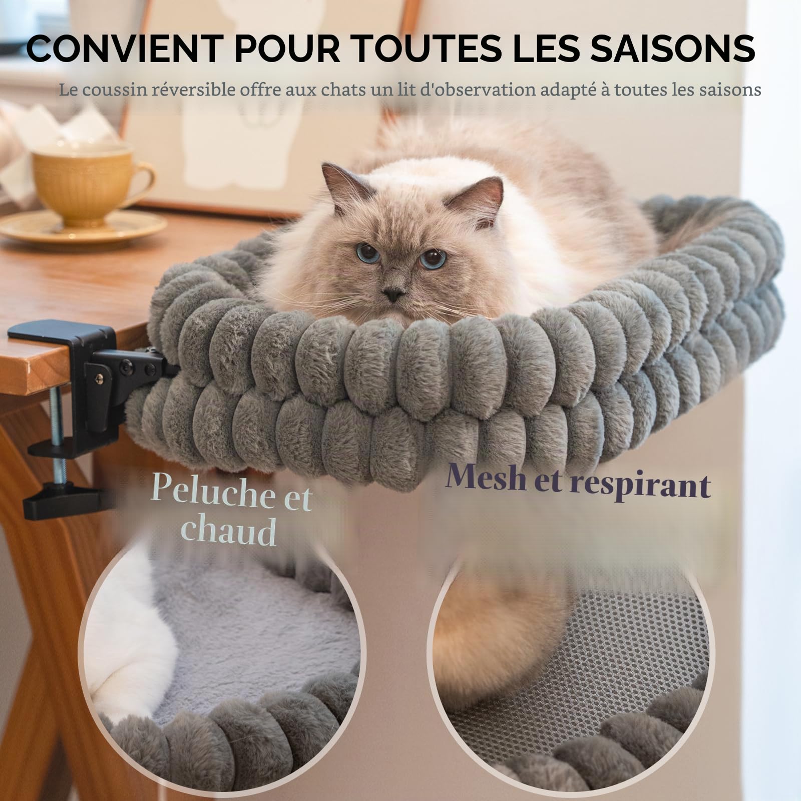 CheerPals Lit pour Chat Bureau Pliable, Hamac Chat Suspendu avec Support en Métal Robuste (2 KG), Panier Réversible Hiver/Été pour Table, 60x38x12 cm
