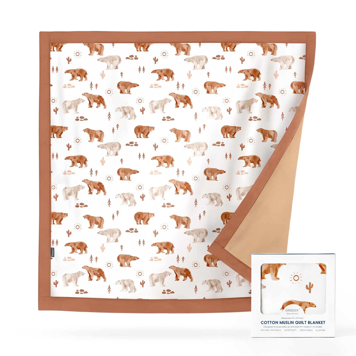 GRSSDER Cotton Muslin Quilt Blanket - Silky Soft and Breathable Baby Blanket Quilt, Oversized Muslin Blankets for Newborns, Toddlers &amp; Kids, 6 Layers Reversible Design for All Seasons, 47" x 47"