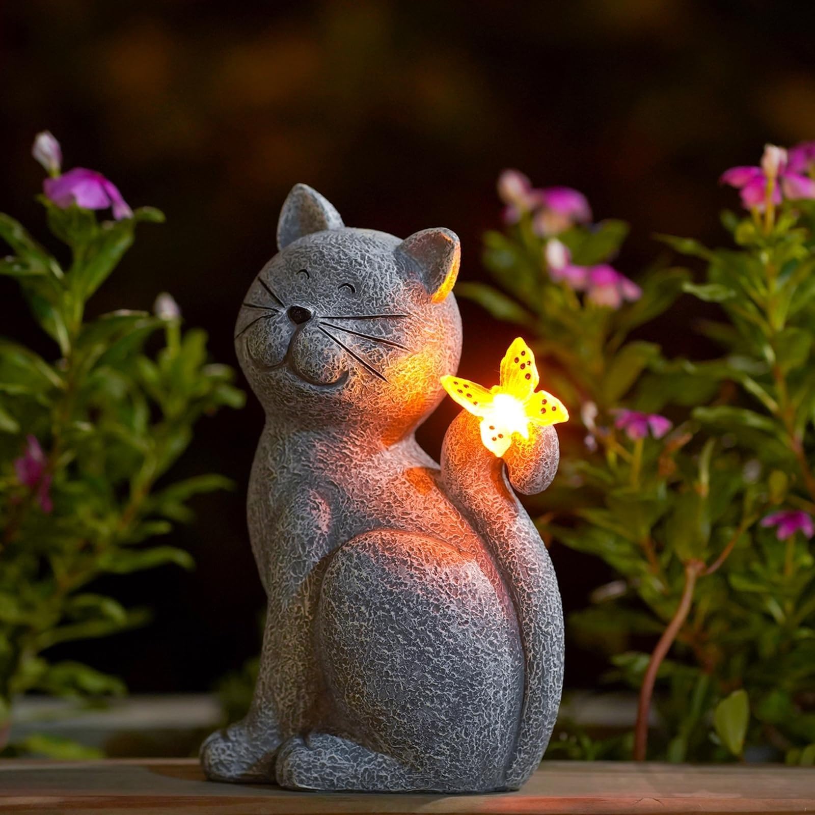 THE WHITE SHOP Solar Cat Outdoor Statues for Garden Outside Decor with Butterfly Clearance for Yard Art Lawn Ornaments Porch Patio Balcony Home House - Birthday Gifts for Grandma Mom