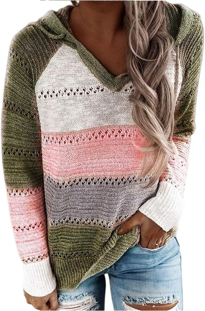 Nkgra Womens Striped Color Block Sweater Casual Drawstring Hoodies 