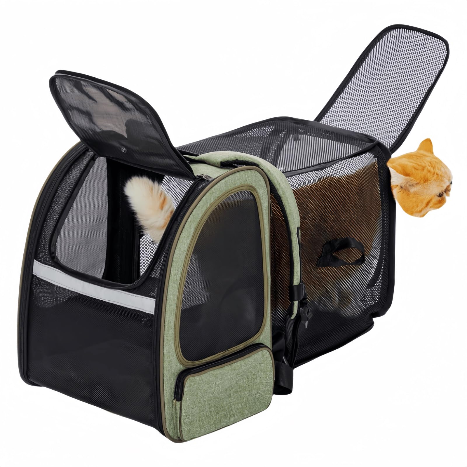 Pet Bag Backpack, Dog Bag Backpack, Expandable with Breathable Mesh for Small Dogs, Cats and Puppies, Pet Backpack Bag for Hiking, Camping and Outdoor(Black Green)