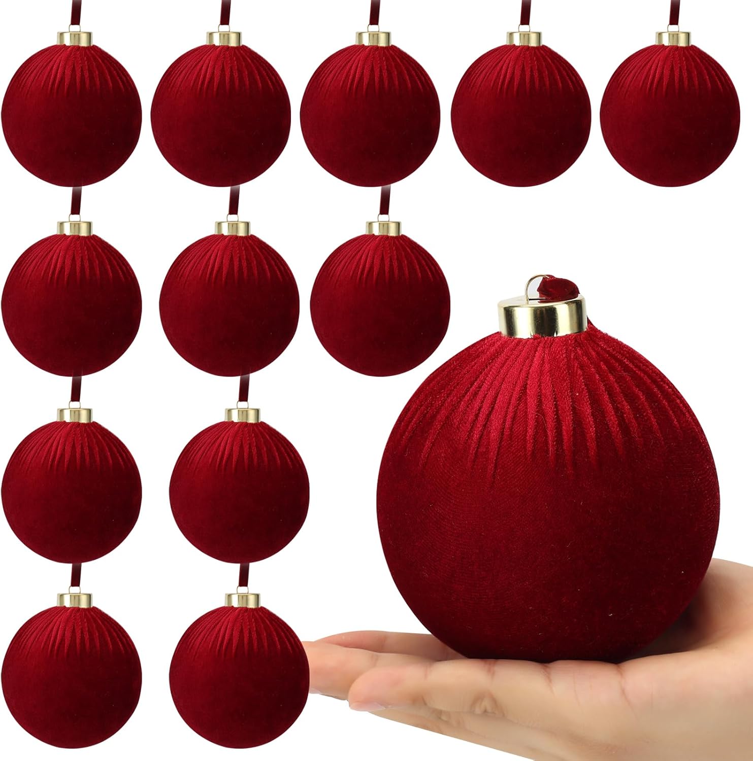 12 Pack Velvet Christmas Ball Ornaments Large Flocked Christmas Tree Hanging Ornaments Shatterproof Flocked Decorative Balls for Xmas Tree Decorations (Dark red, 4inch)