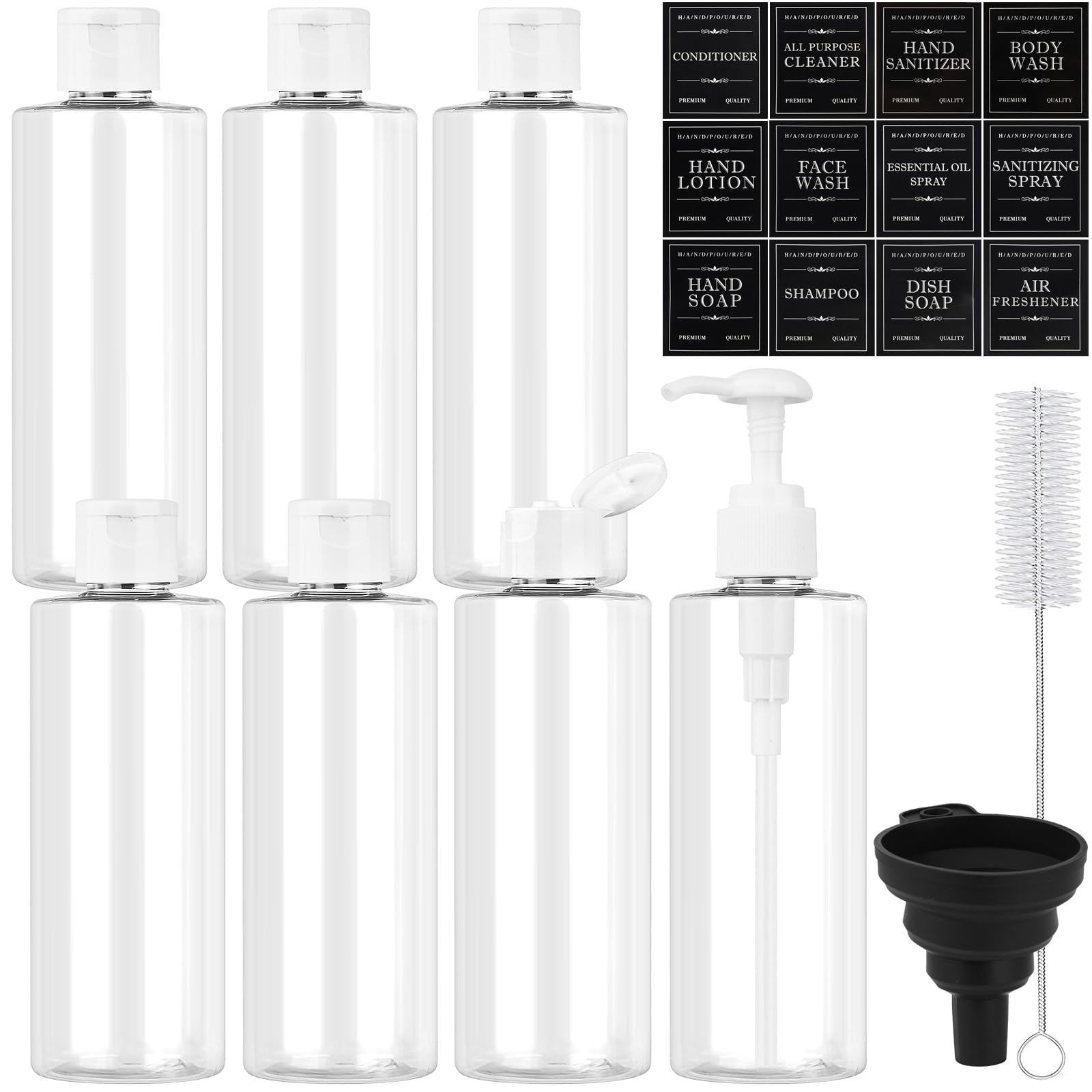 7 Pezzi Vuoto Flaconi da Viaggio 250ml con Tappo Flip Top, Teste di Pompa a Spinta, Contenitori da Viaggio per Liquidi Trasparente, Bottiglie Plastica Riutilizzabile per Shampoo (Bianco)