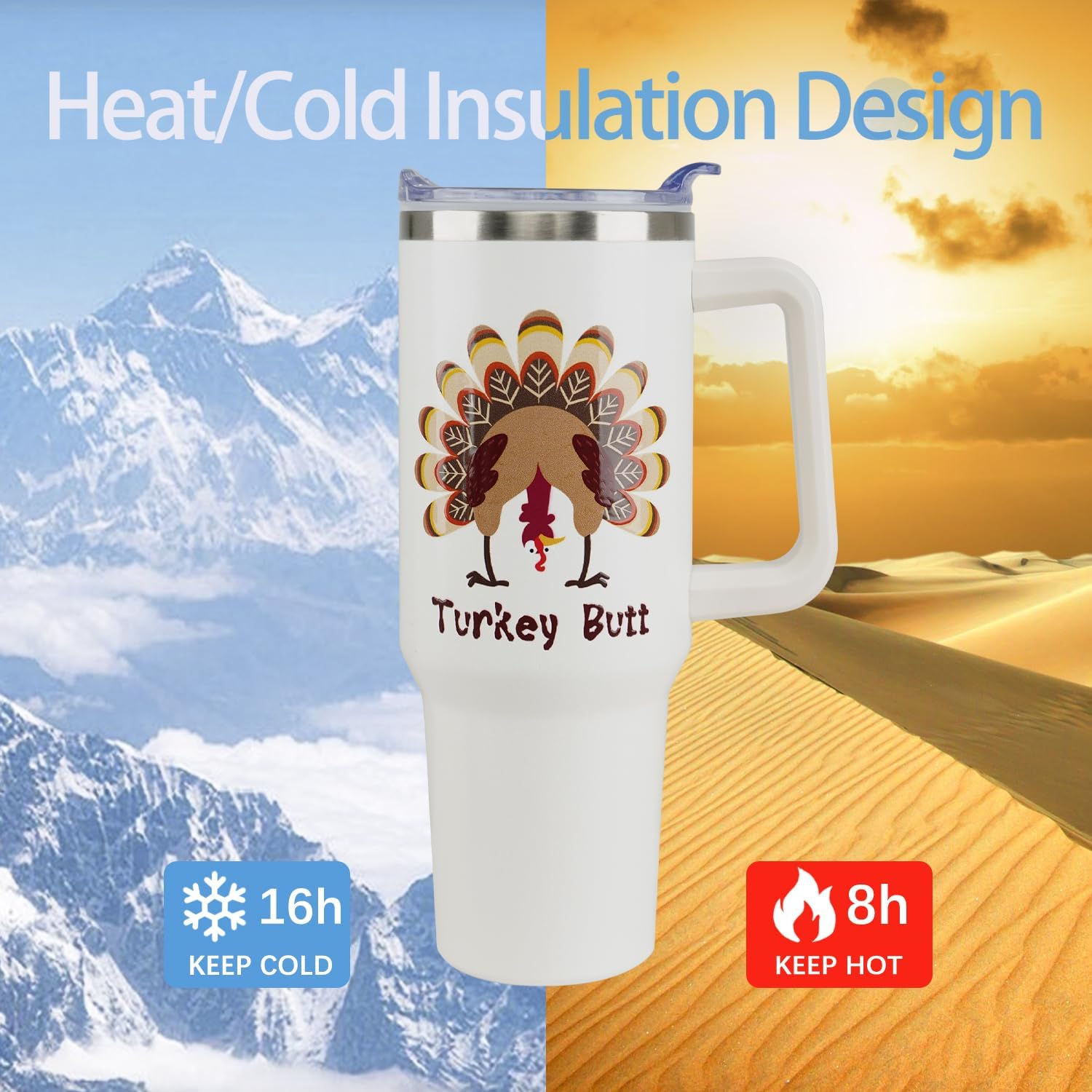 40 oz Thanksgiving Tumbler with Handle and Straw, Stainless Steel Insulated Turkey Tumbler 40 oz, Reusable Cup with Leak Proof Lid, Thanksgiving Gifts for Women (off white brown) - Image 7