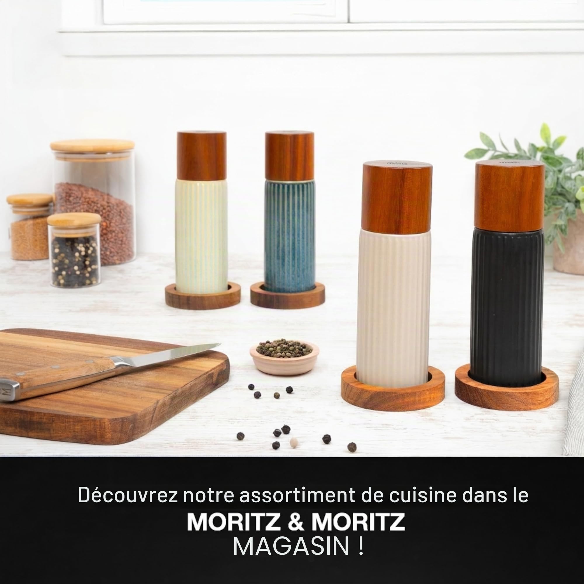 Moritz & Moritz PEPE Set de 2 Moulins à Épices Bleu/Vert – Moulins Sel et Poivre en Céramique, Bois d’Acacia & Grès, Réglage de Mouture, pour Sel, Poivre et Épices