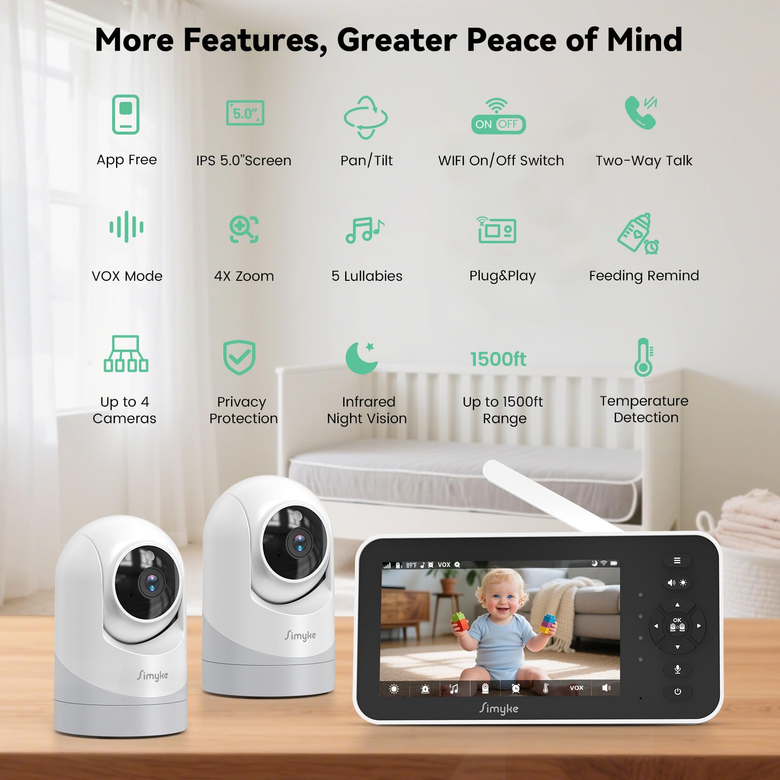 Simyke Moniteur vidéo pour bébé 1080p avec 2 caméras - Écran IPS de 12,7 cm avec contrôle par application, vision nocturne HD, alertes de mouvement, conversation bidirectionnelle, accès