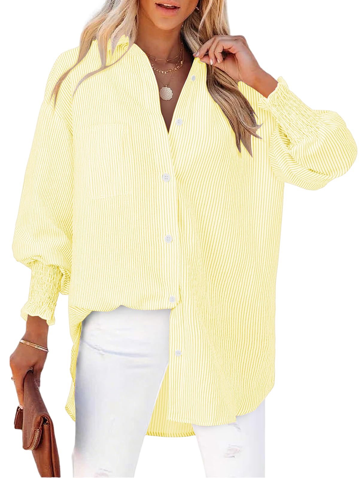 Cuptacc Bluse Damen Elegant V Ausschnitt Langarm Knöpfen Blusen Damen Gestreifte Brusttasche Oberteile