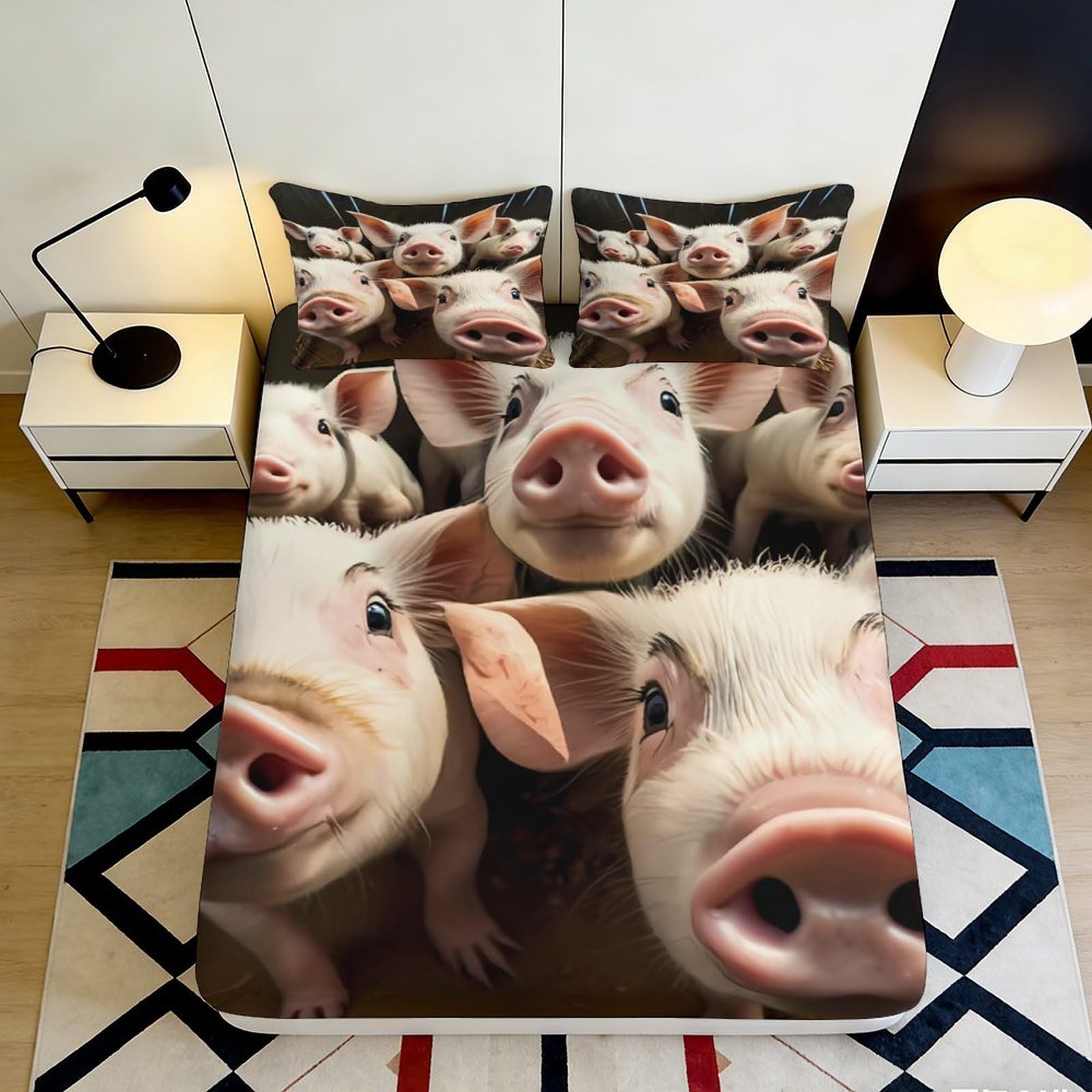 3D Printed Cute Pig Pattern Fitted Sheet Microfiber Soft Durable Funny Piglet Bed Cover for Bedroom Dormitory Guest Room Mattress Protection 140x200x25cm