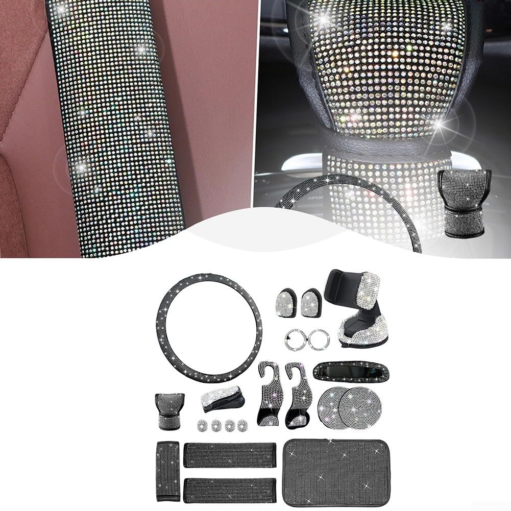 Set di 21 accessori per interni auto con copertura per volante in ultra velluto e strass, cuscinetti per cintura di sicurezza, supporto per telefono con diamanti caldi, costa completa con diamanti