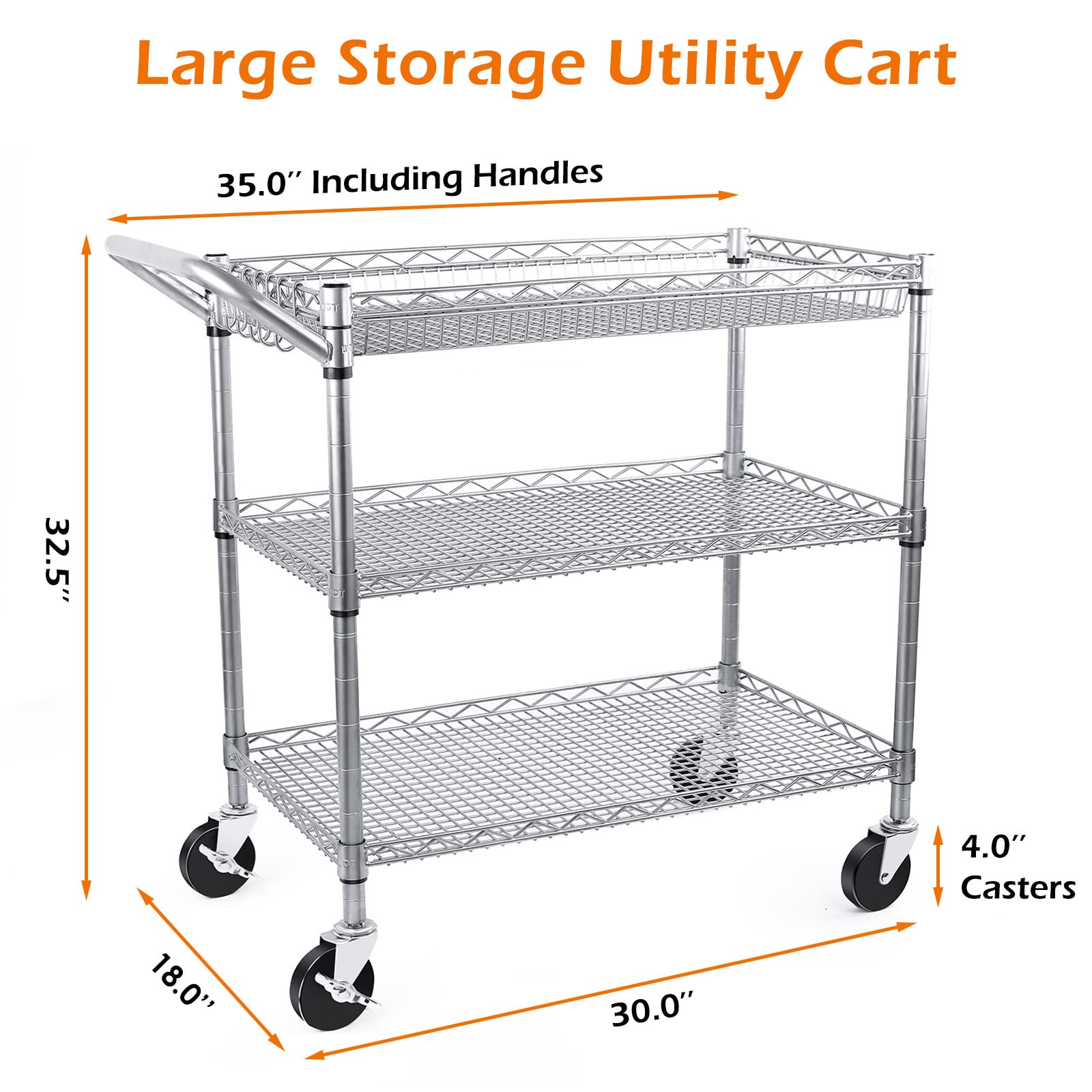 WDT Heavy Duty 3 Tier Rolling Utility Cart, Kitchen Metal Utility Carts