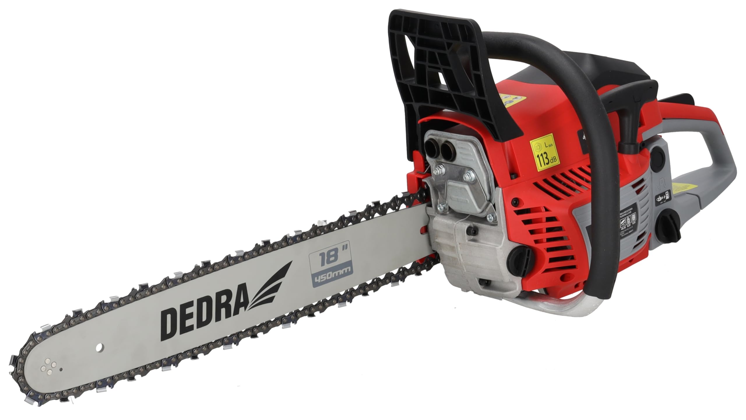 Piła łańcuchowa spalinowa 2,4 kW 58 cm³, szyna prowadząca 18" 45 cm, do 12 000 obr./min, dwusuwowy cylinder, chłodzony powietrzem, prędkość łańcucha 25 m/s, zapewnia wysoką wydajność i równomierne
