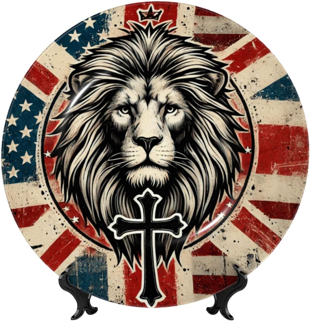 Powerful-Lion-Cross-America 10 Inch Decorative Plate With Stand, Elegant Display Wall Plate For Home Decor