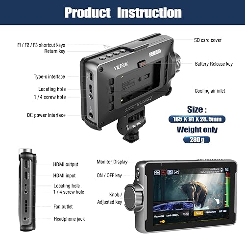 Miniatura 6 de VILTROX DC-550 Monitor de cámara de 5.5 pulgadas con batería, 4K HDMI Full HD 1200 liendres Cámara Monitor de campo Pantalla táctil para Sony Canon