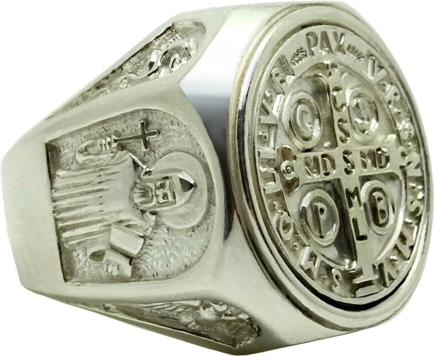 Saint Benedict Cross Shiny Finish Silver 925 Catholic Men's Ring