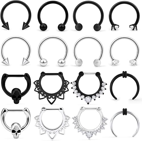 Hoeudjo Piercing para el tabique clicker de acero quirúrgico 16G, joyería de piercing corporal con circonita cúbica transparente, para mujeres y