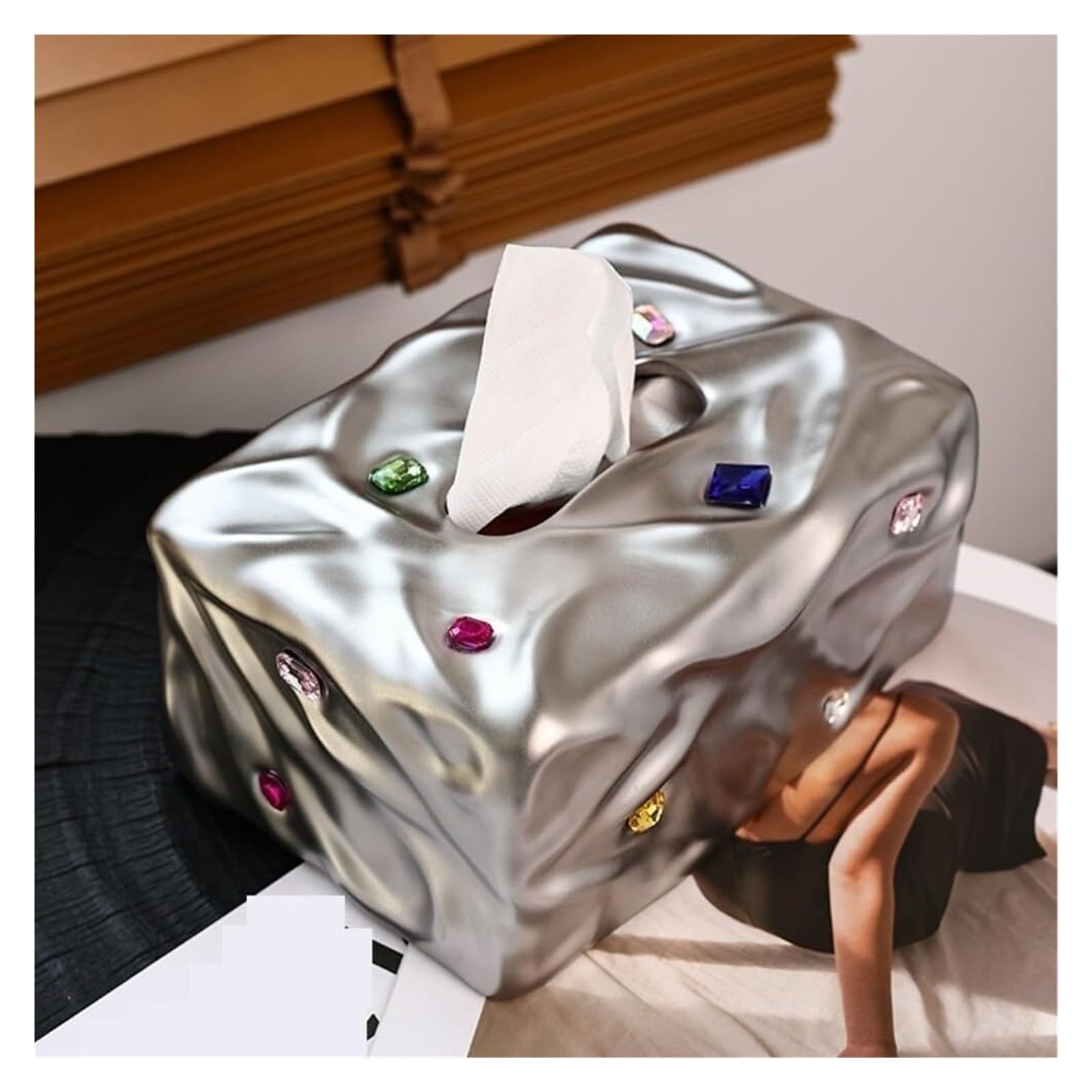 Kosmetiktuch-Spenderbox Taschentuchbox-Abdeckung, Edelstein-Home-Wohnzimmer-Couchtisch-Keramik-Organizer Must-Haves für die Wohnung(Silver)