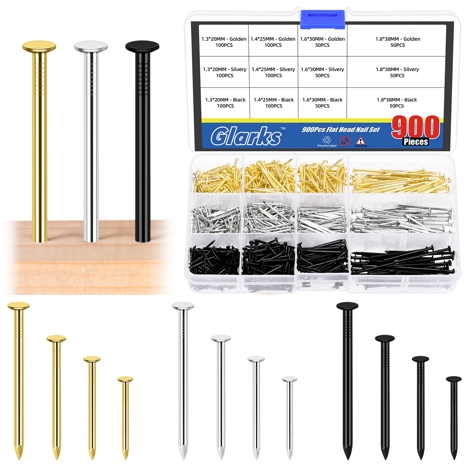 Glarks 900pcs 20/25/30/38mm Length Nail Assortment Kit, Black Silver Gold Colors Hanging Nails, Finishing Nails, Wall Nails