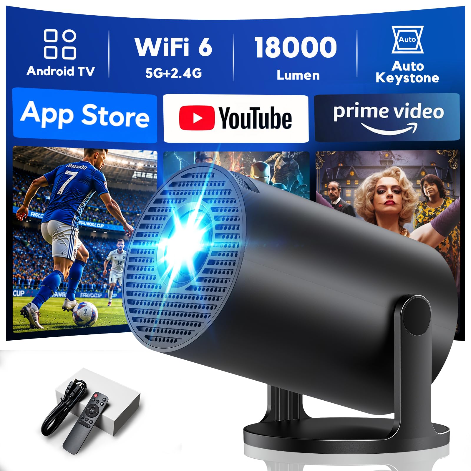 [Apps intégrées & 2026 Upgrad] AKIYO O2 Videoprojecteur avec WiFi 6 et Bluetooth 5.4, Mini Projecteur Video Supporte 1080P, Rétroprojecteur Auto Keystone Rotation 180° Compatibile avec HDMI/Laptop