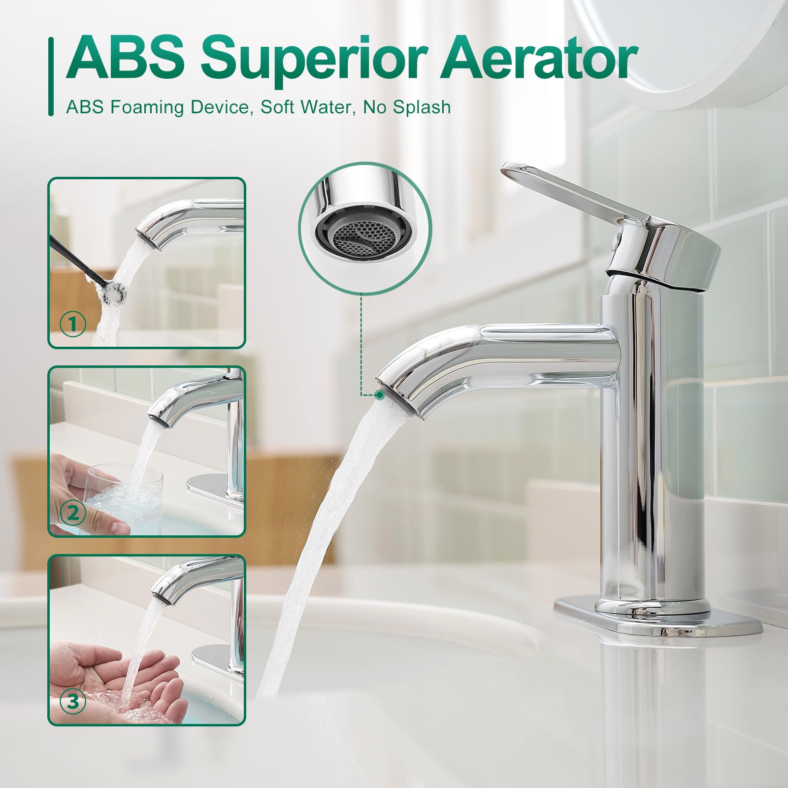 VOTON Chrome Bathroom Sink Faucet Single Handle Stainless Steel for 1 or 3 Hole Faucet for Bathroom Sink — view 2