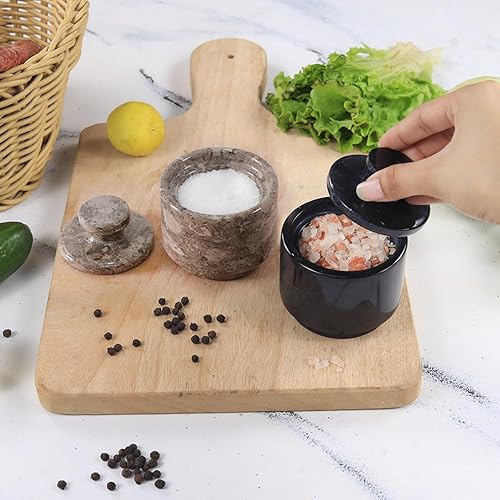 Miniatura 39 de MARBLOUS KRAFTS Salero de Mármol 3" Cebra Negra y Verona Cuenco de Sal Escamosa y Pimienta con Tapa, Almacenamiento para el Hogar y Recipientes
