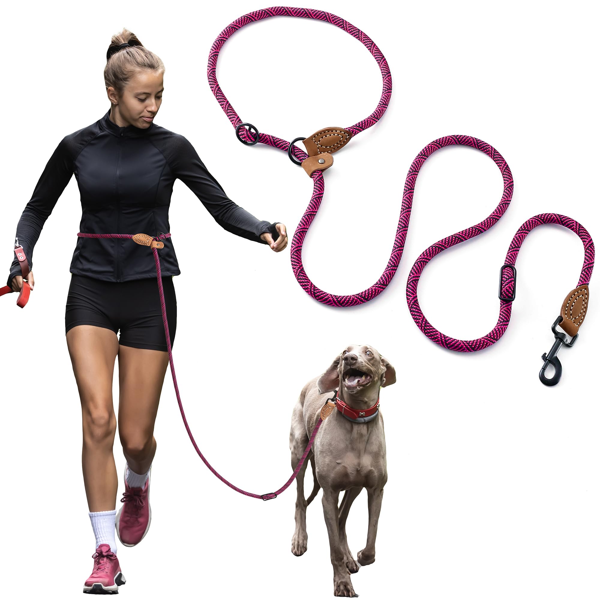Mile High Life Hands Free Dog Leash, Crossbody Waist Leash with Genuine Leather Connection, Multifunctional Adjustable Slip Lead for Dog Walking