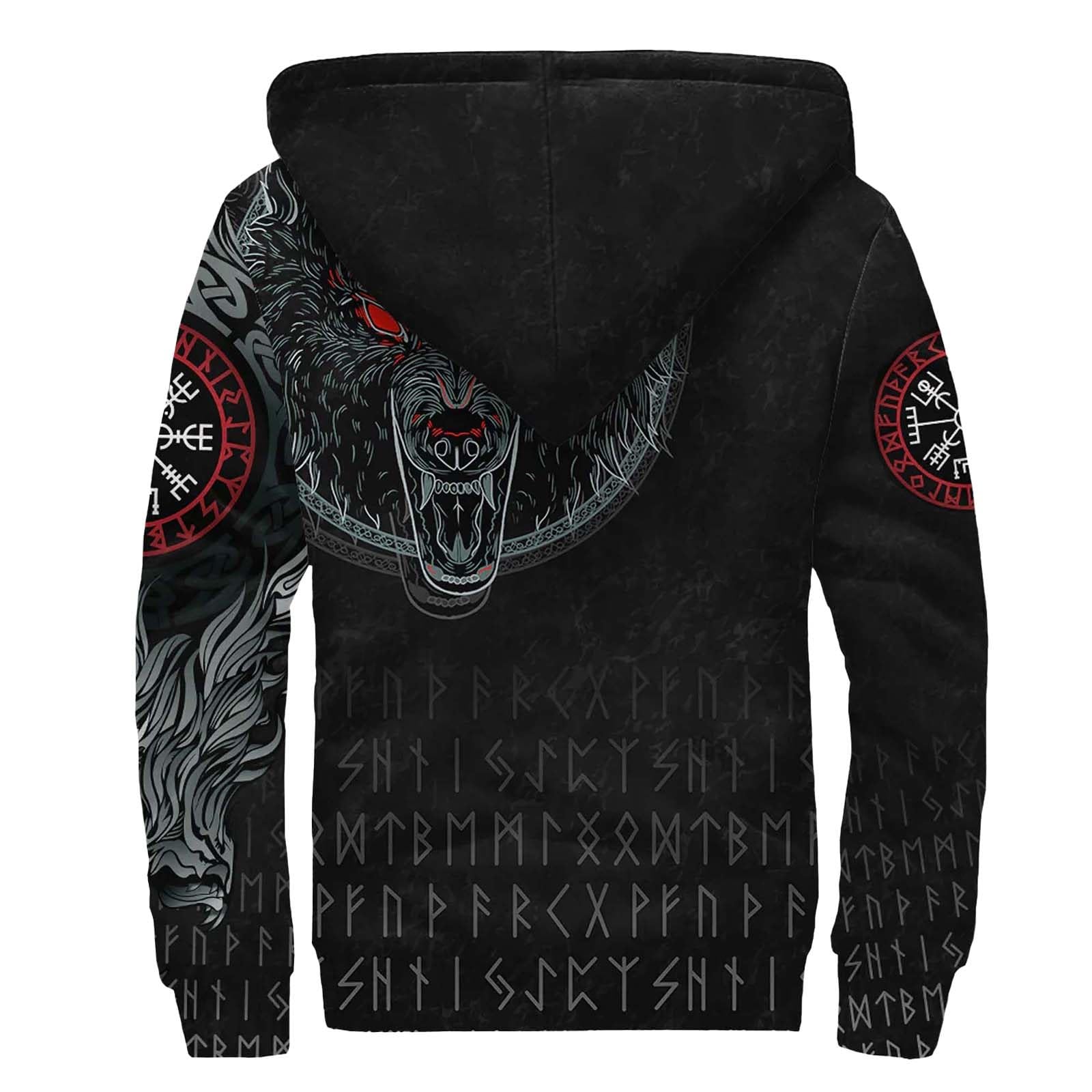 Wikinger-Drachen-Tattoo Herren Kapuzenjacke mit Fleecefutter, 3D-Druck Zip Hoodies Verdickte Langarm Kapuzenpullover, Mittelalter Fenrir Wolf Sweatjacke Winter Warm Hooded Sweatshirt mit Tasche