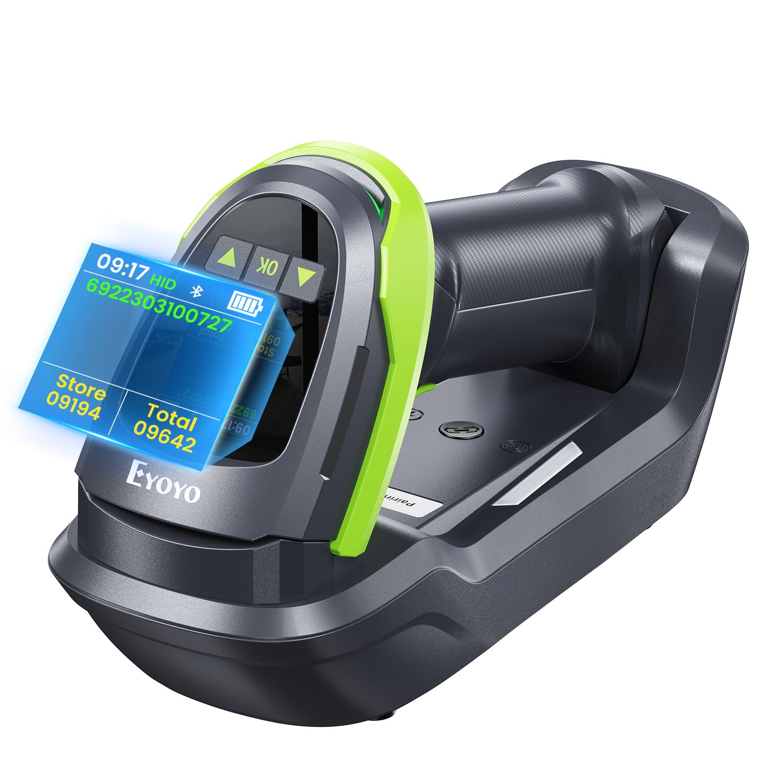 Eyoyo Barcode-Scanner kabellos mit Bildschirm: Pro 1D 2D QR Bluetooth-Scanner, Wandhalterung mit Ladestation und Verriegelung, 2900 mAh austauschbarer Akku, 1,44-Zoll-LCD-Tastatur
