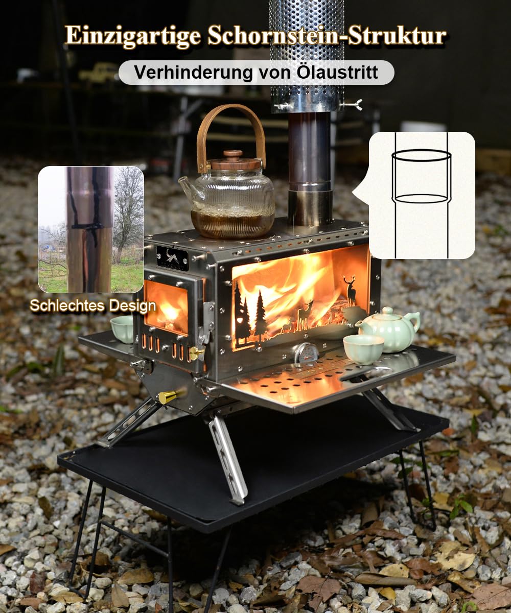 TOMOUNT Zeltofen Tragbar Edelstahl Campingherde Holzofen mit Schornstein, Holzkocher für Zelte, Unterkünfte und Camping