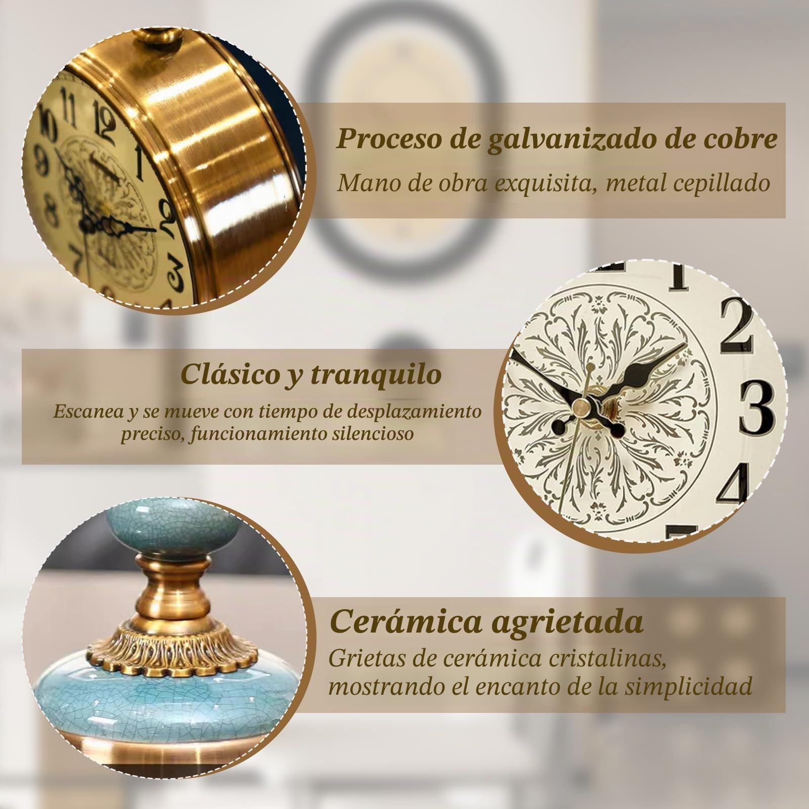 Reloj de mesa vintage, reloj de pie de latón antiguo, reloj de escritorio de metal antiguo, funciona con pilas, reloj de mesa de latón antiguo para salón, estantería, chimenea, oficina