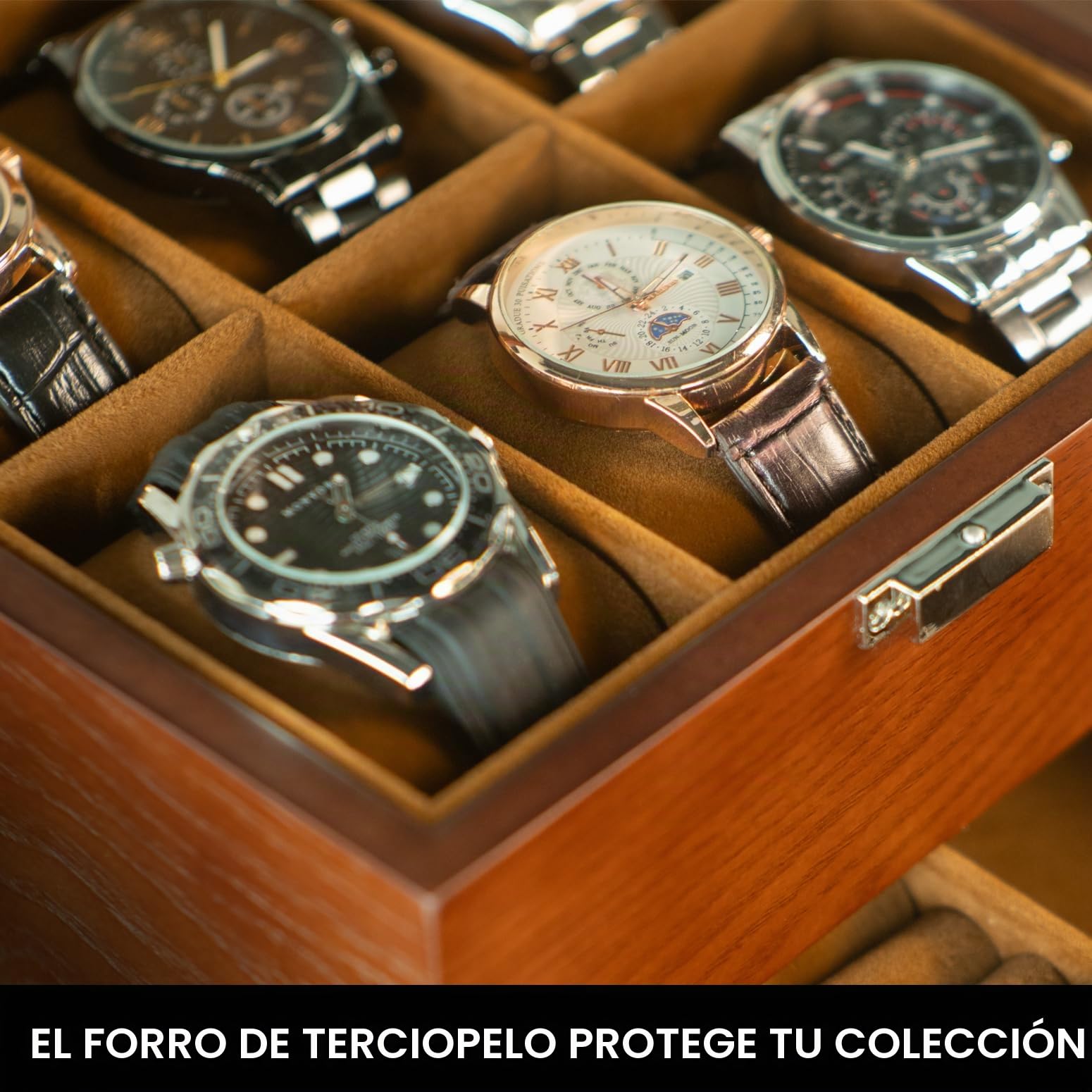 Slege Caja para Relojes Hecha a Mano de Madera, 6 Compartimentos y 2 Niveles con Cajón, Tapa de Madera con Ventana de Vidrio, Organizador Grande, Regalo Elegante para Hombre y Mujer