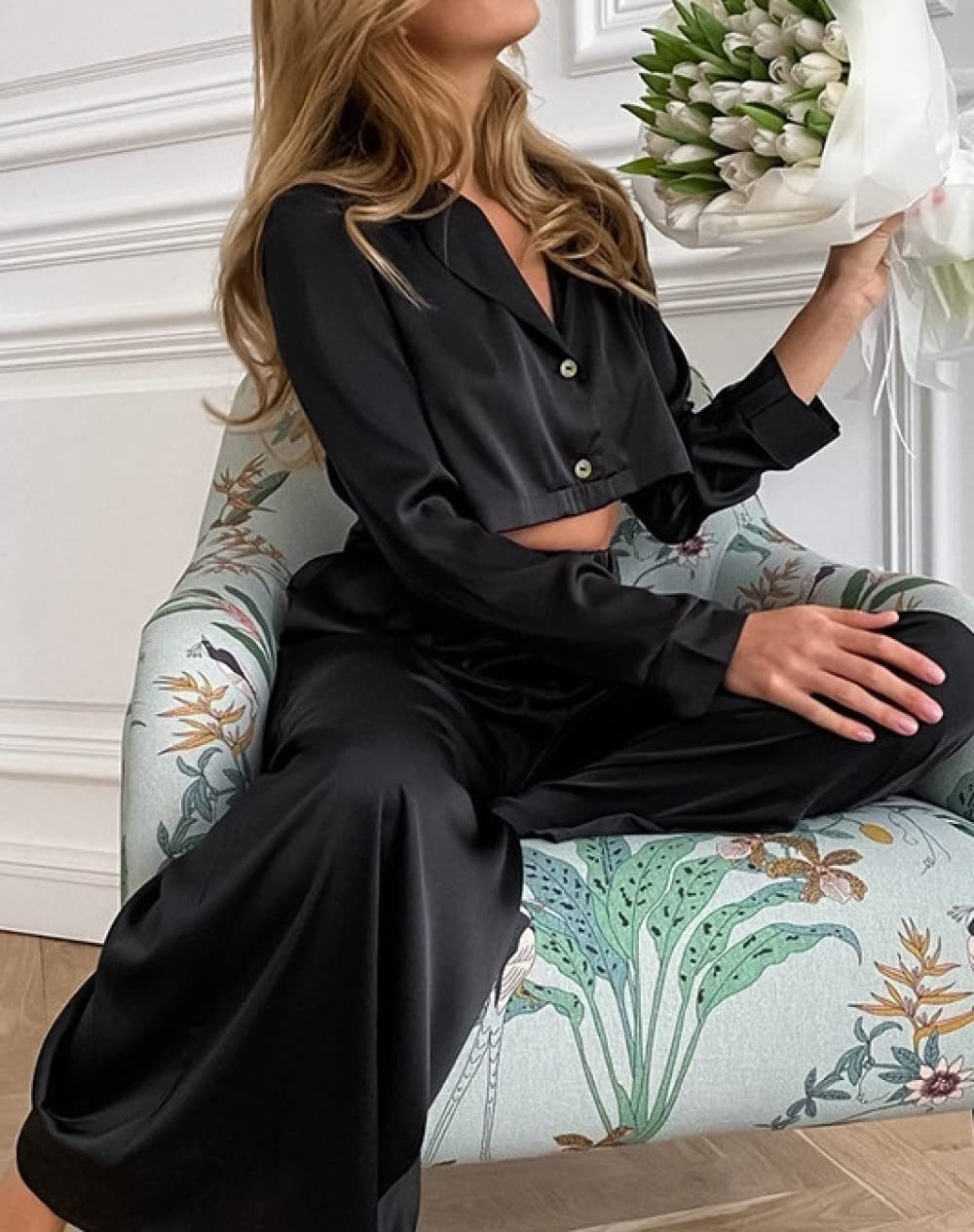 Ensembles De Pyjama Femme,Revers Noir À Manches Longues Ensemble De Vêtements De Nuit Femmes Deux Pièces Pyjama Personnalité Douce Décontracté Loungewear Festival Cadeau pour Soeurs Femme Peti