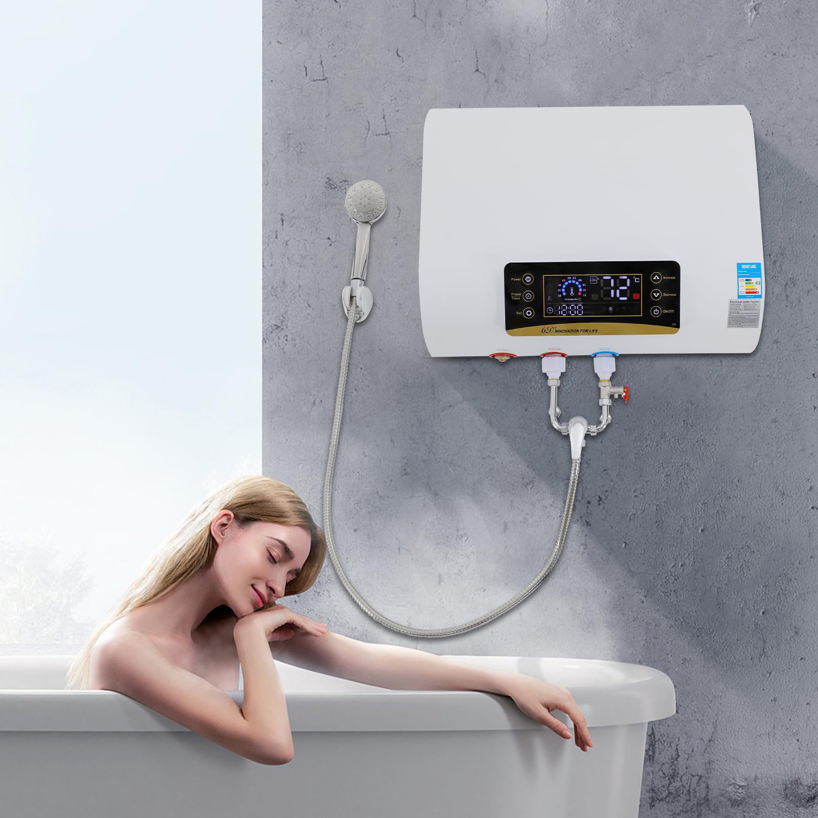 Serbatoio per acqua calda elettrica da 80 l, 220 V, scaldabagno a parete, con termostato, 30 – 75 °C, con unità doccia e dispositivo di protezione contro le perdite