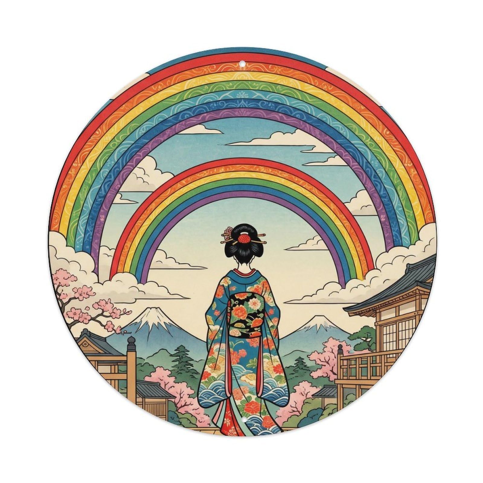 Metal Tin Sign Japanese Double Rainbow Sky Geisha Scene