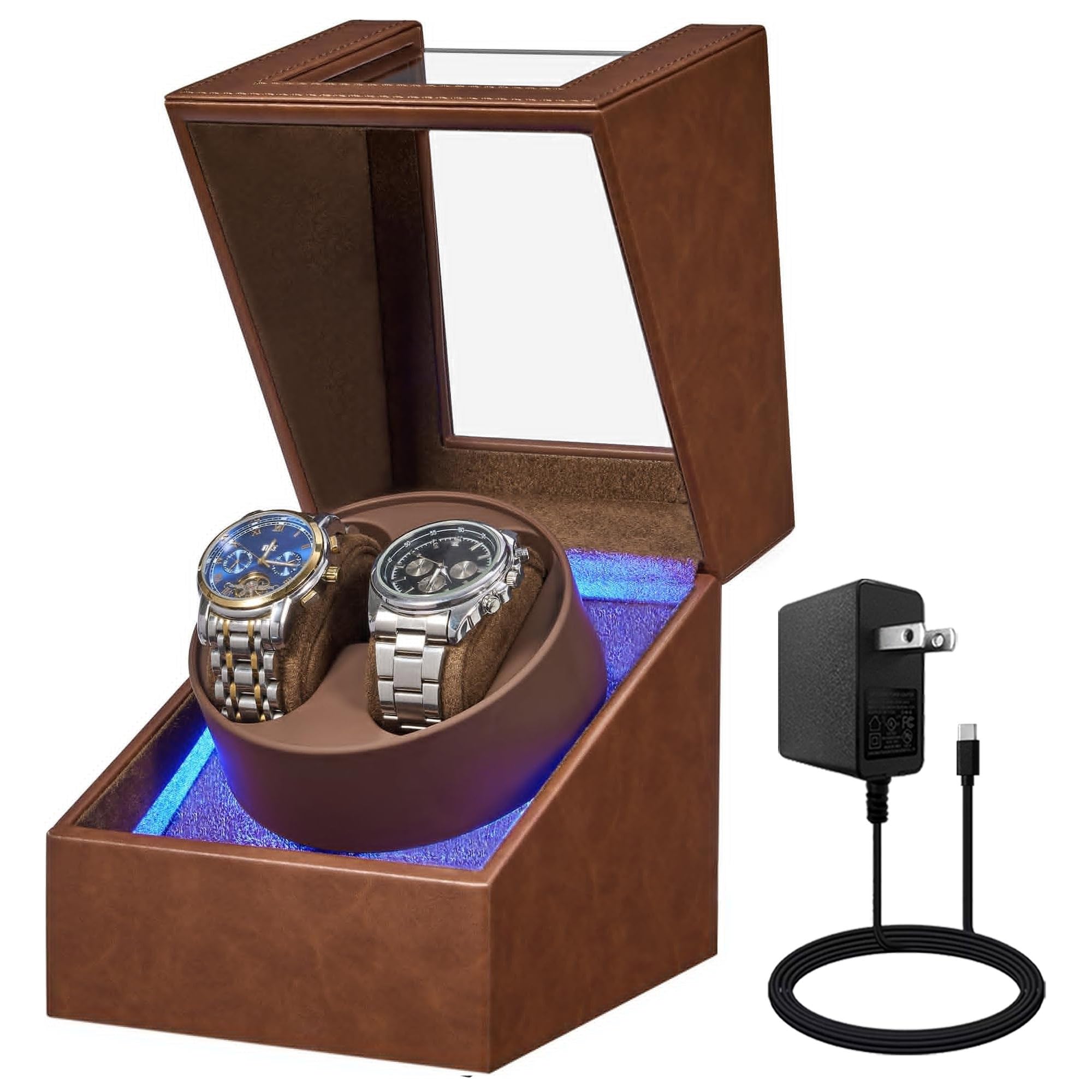 BEWISHOME SYQ02Z - Bobinador de reloj para relojes automáticos, doble ancho de reloj con luz LED, 4 modos, caja giratoria automática de reloj con motor silencioso japonés tipo C adaptador o funciona