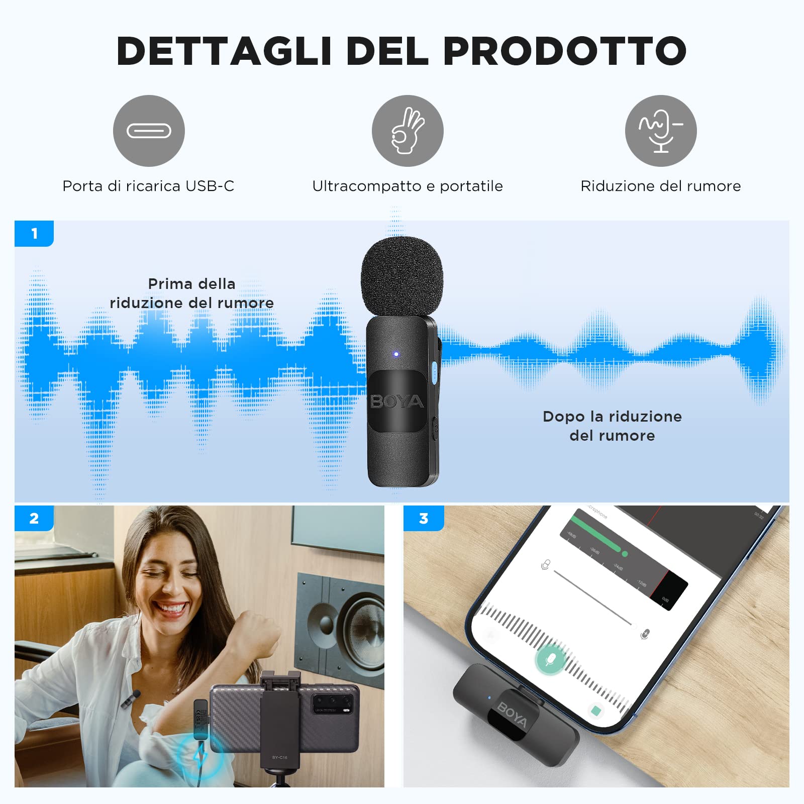 BOYA BY-V10 Microfono Lavalier Wireless USB-C, Mini Microfono Lpel per Smartphone iPhone 15/Android/Microfono Vlog Tipo-C per Youtube Podcast Facebook Vlogging Registrazione Video