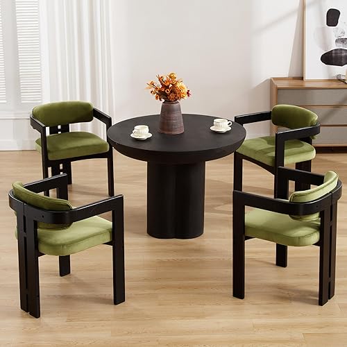 Miniatura 8 de Juego de 6 sillas de comedor tapizadas con brazo y respaldo, cojín verde terciopelo, patas de madera negra