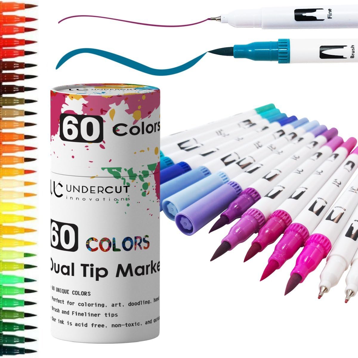 Dual Tip Brush Pen Art Markers - 60 Colors + Custom Case - Professional Artist Set For Adult Coloring Books, Bullet Journal, Sketching, and More! [Non-Toxic & Odorless Watercolor]