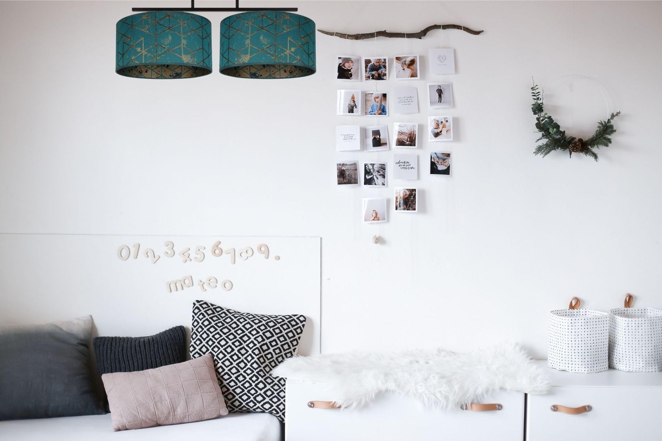 Licht-Erlebnisse Deckenlampe Stoffschirm Metall Grün Wohnzimmer Schlafzimmer Flur lang 70 cm E27 blendarm mit Muster wohnlich gemütliche Deckenleuchte Esszimmer BIRNO