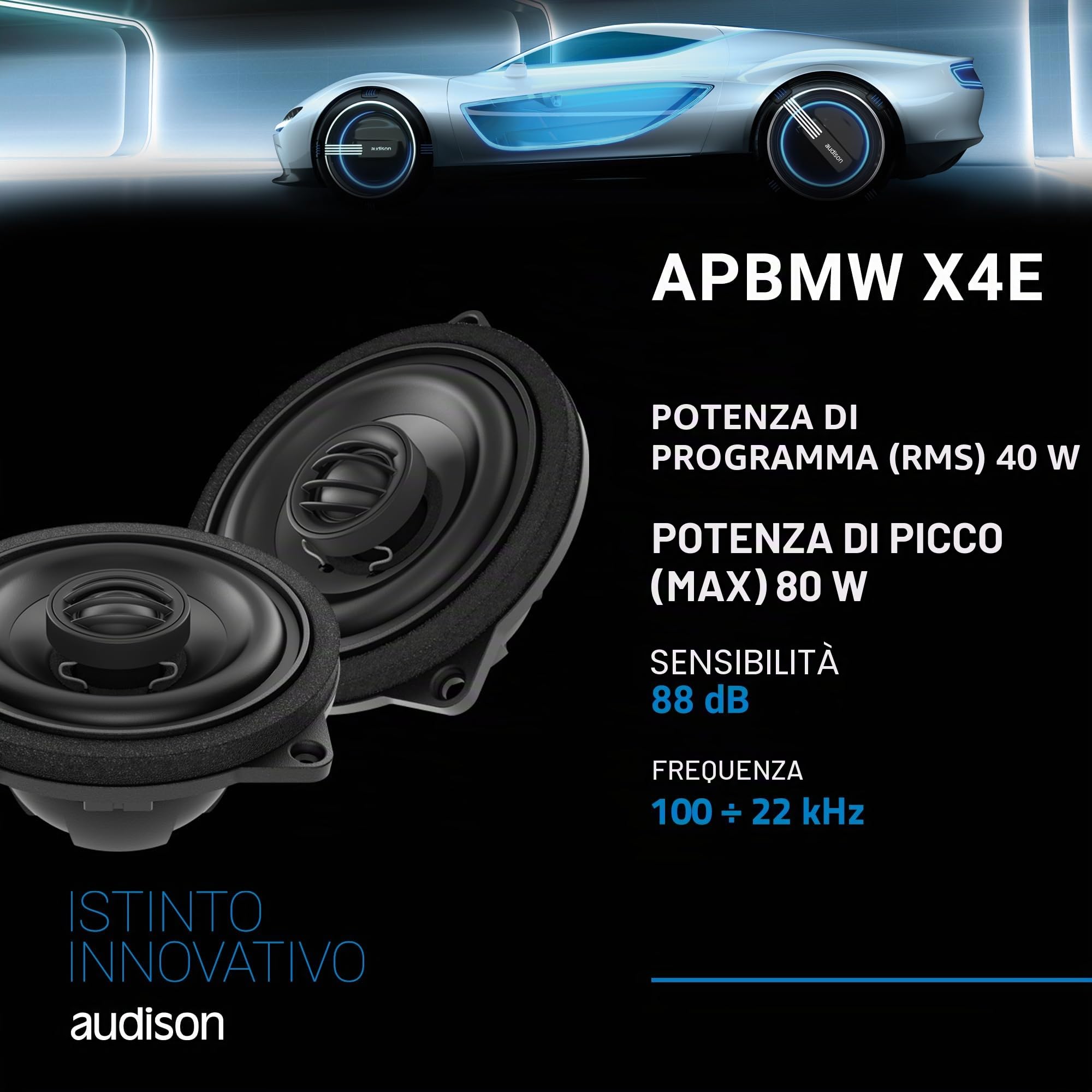 Audison APBMW X4E - Coppia di altoparlanti coassiali a 2 vie da 100 mm per BMW e Mini, compatibile con large basket, installazione Plug & Play con tweeter integrato e componenti dedicati, 80W max