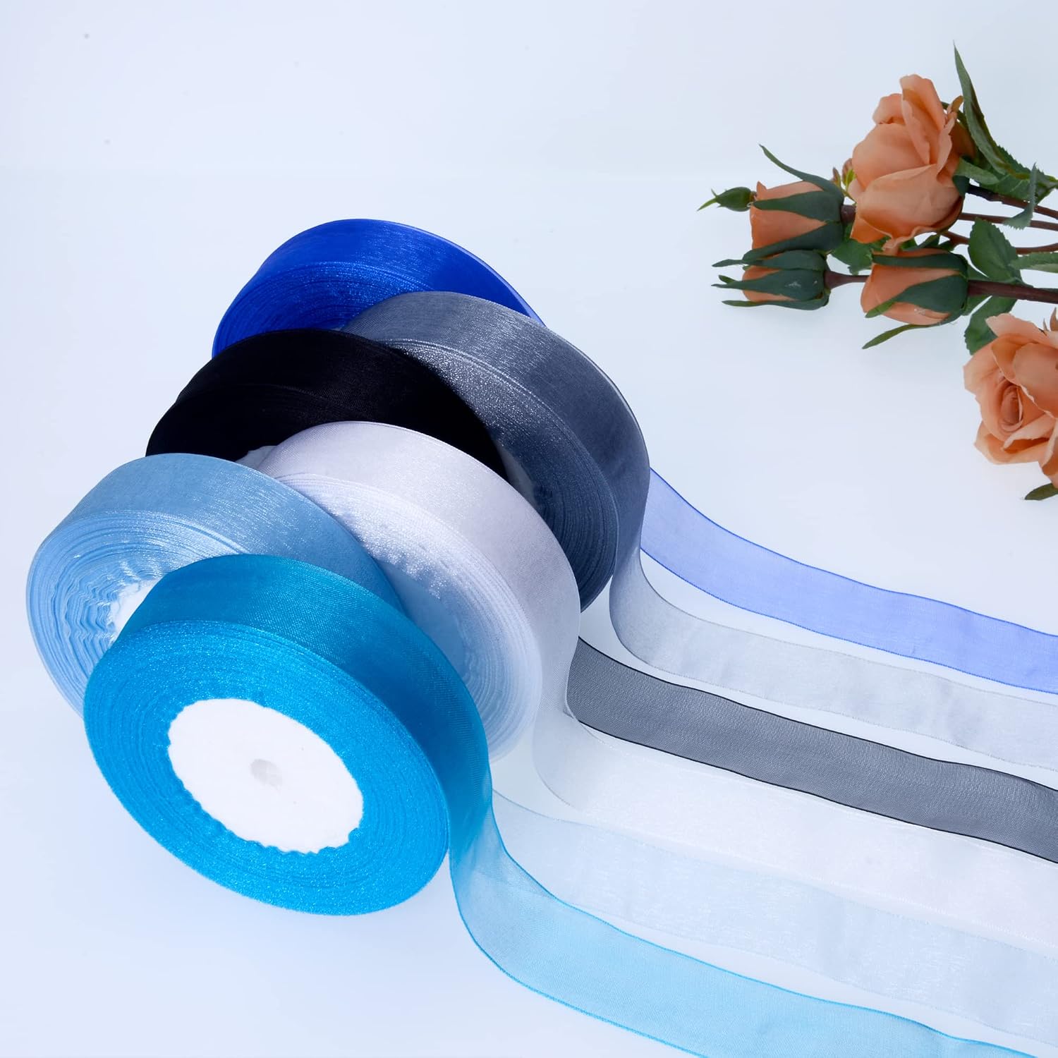 1 Inch Organza Ribbon 300 Yards, Sheer Chiffon Ribbon for Gift Wrapping Decoration, Transparent Tulle Ribbon for Birthday Presents, Cards, Wedding Invitations, Bows Crafts (6 Rolls* 50 Yards)