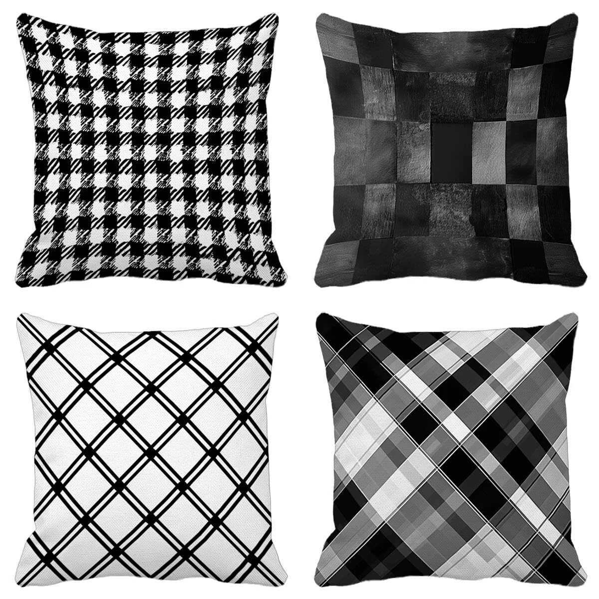 Kissenbezug 60x60 cm Netz 4er Set Sofakissen Superweichem Doppelnähten Versteckter Reißverschluss Schwarz und Weiß Outdoor Kissen Leinen gelten für Terrassen-Gartenbank Wohndeko Schlafzimmer Sofa Z-1
